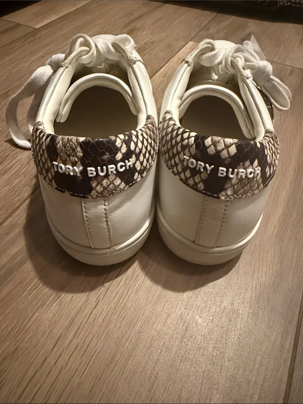 Tory Burch White Leather Sneakers with Black Logo and Snake-Print Heel